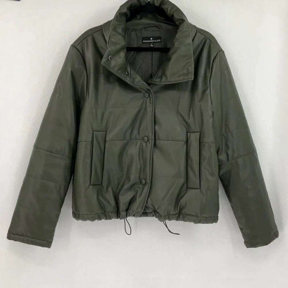 Pomander Place Olive Green Tuckernuck Faux Leather Puffer Coat Jacket Size Small - Picture 2 of 10